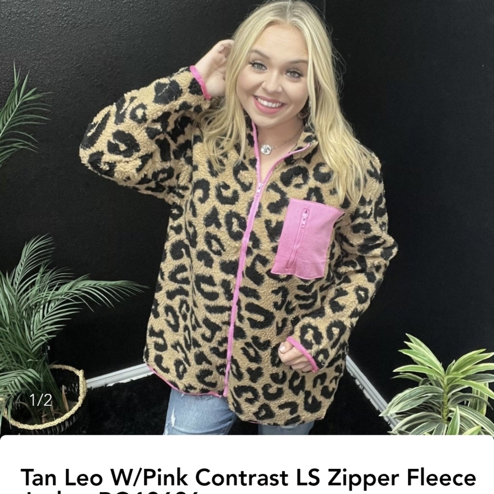 Tan Leopard Fleece Jacket with Pink Trim